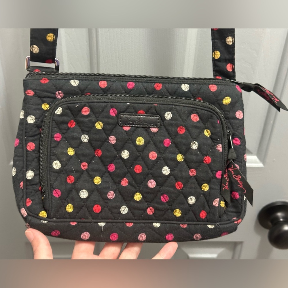 Vera Bradley Retired Havana Polka Dots Three Zipper Crossbody Bag Purse Black